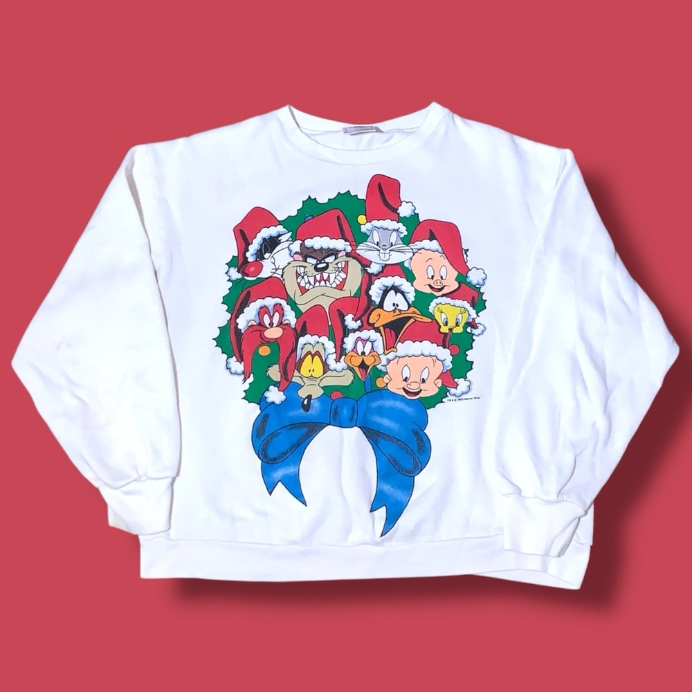 Vintage 90s Delta Looney Tunes Christmas Printed White Sweater Men’s Size XL